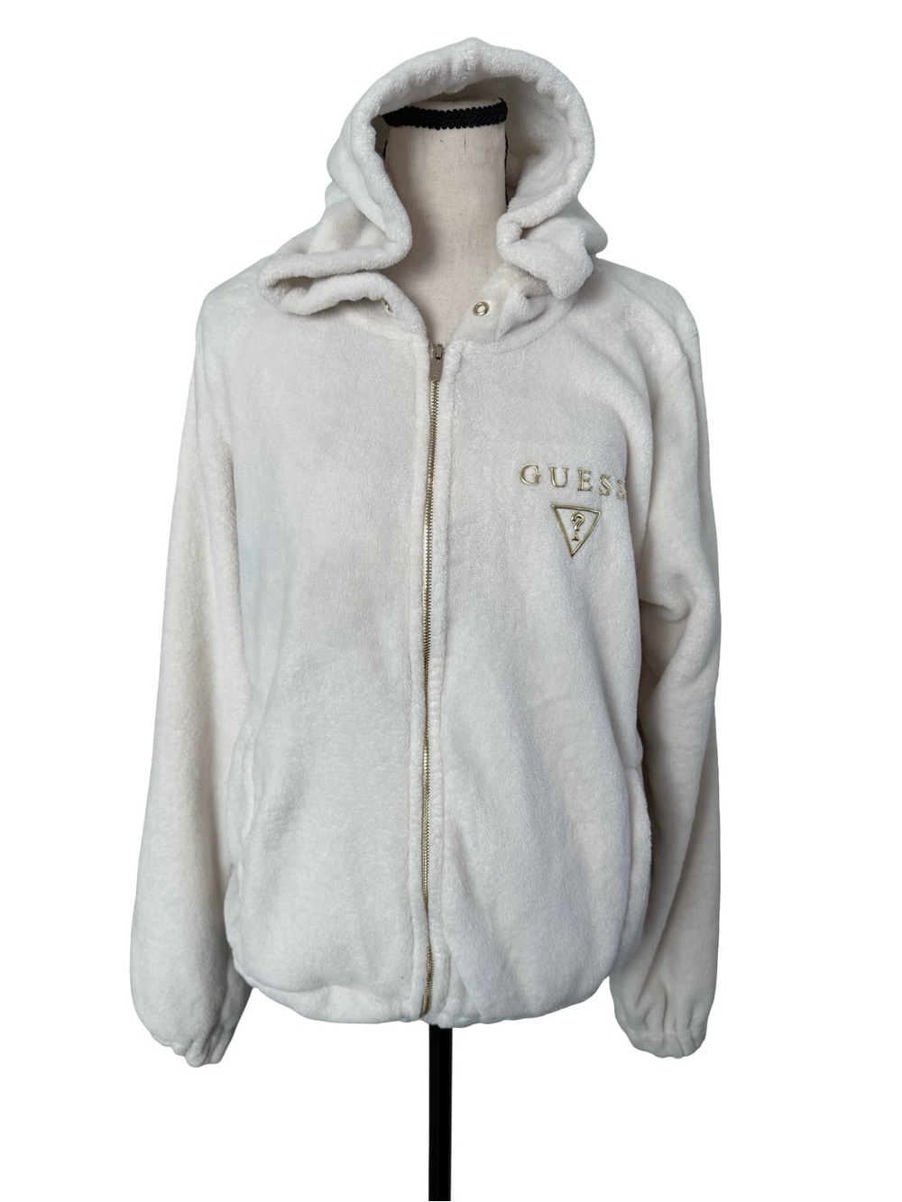 GUESS Los Angeles White Plush Fleece Zip Hoodie Jacket Gold Logo Large